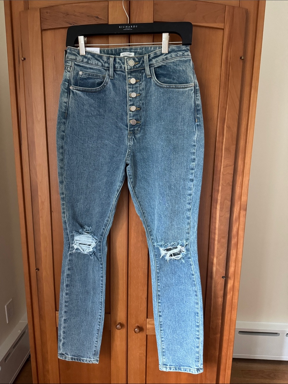 WeWoreWhat Distressed Button-Fly Skinny Jeans in Medium Blue